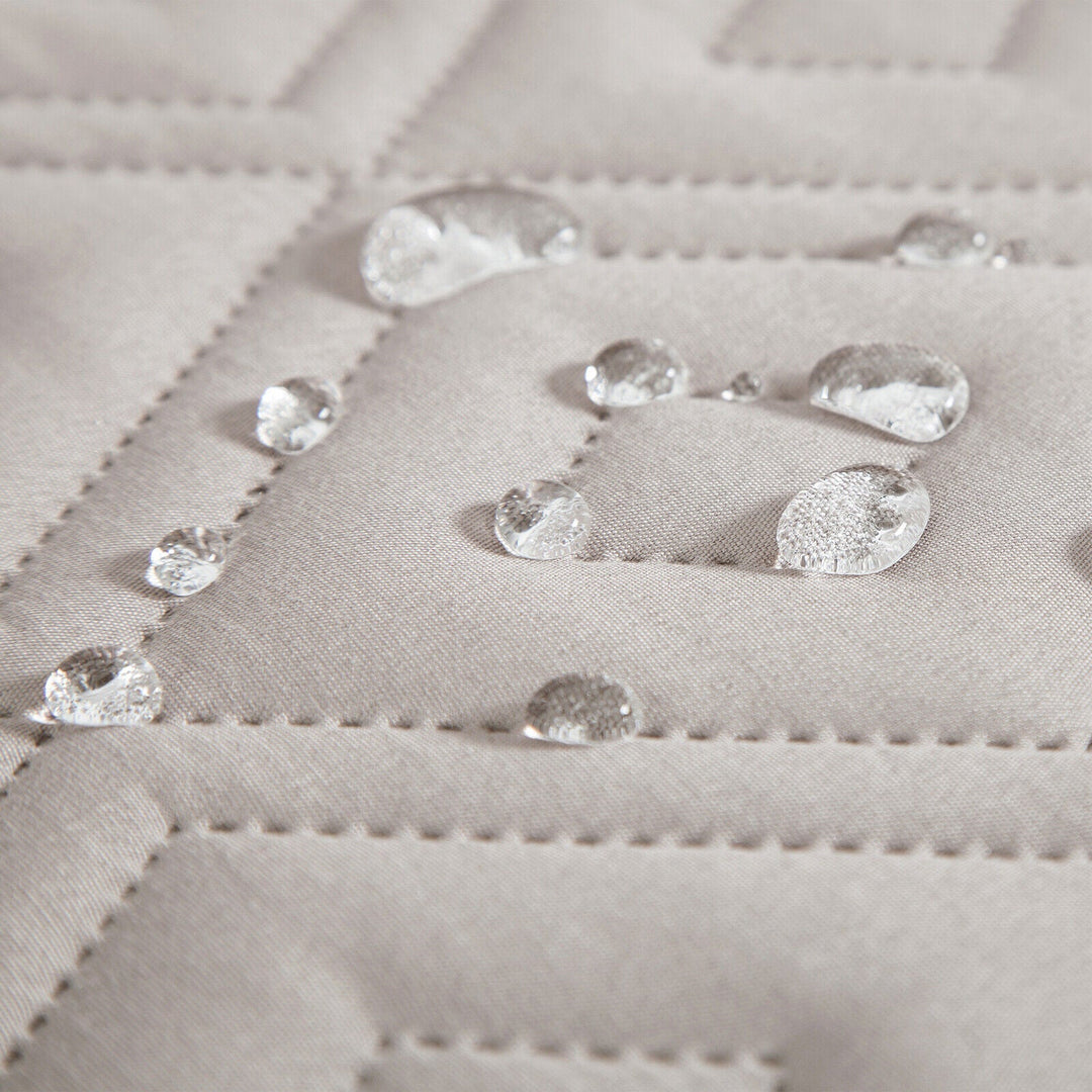 "Water-repellent non-slip reversible sofa cover protecting couch from spills and stains with pet sitting on it"