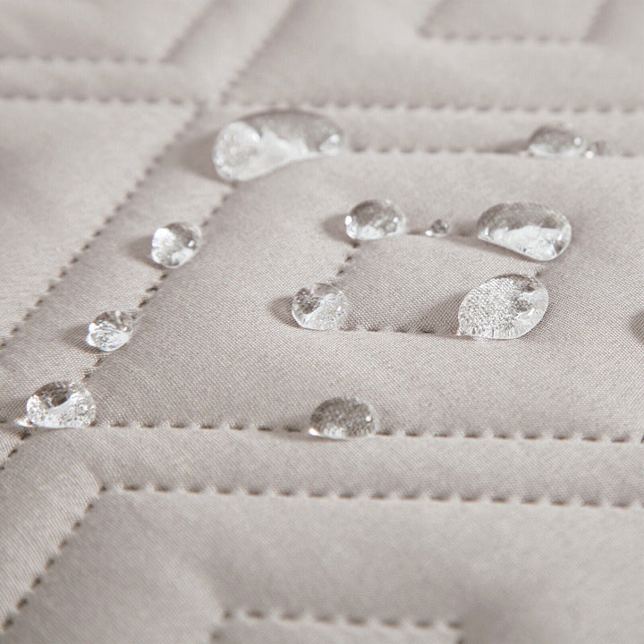 "Water-repellent non-slip reversible sofa cover protecting couch from spills and stains with pet sitting on it"