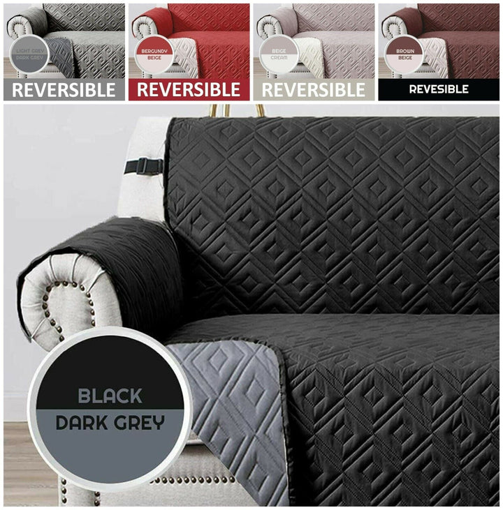 "Water-repellent non-slip reversible sofa cover protecting couch from spills and stains with pet sitting on it"