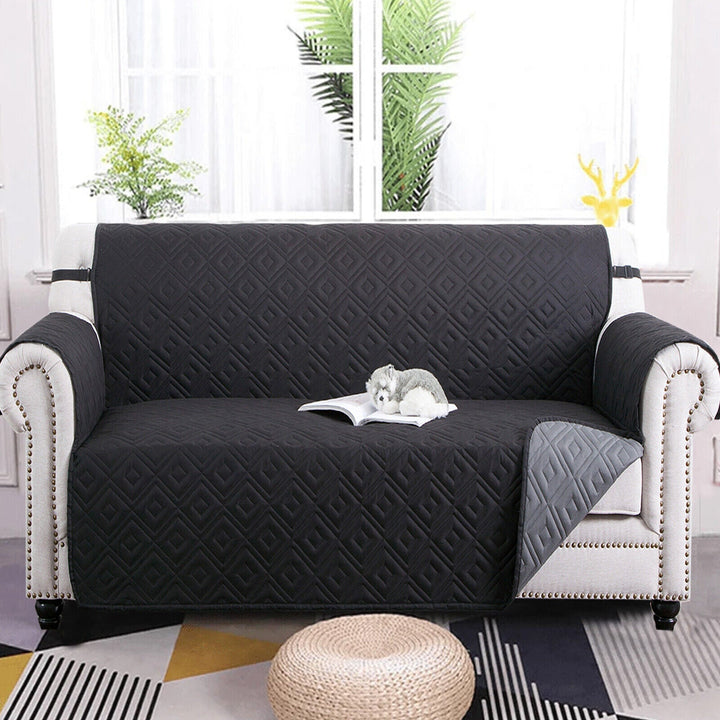 "Water-repellent non-slip reversible sofa cover protecting couch from spills and stains with pet sitting on it"