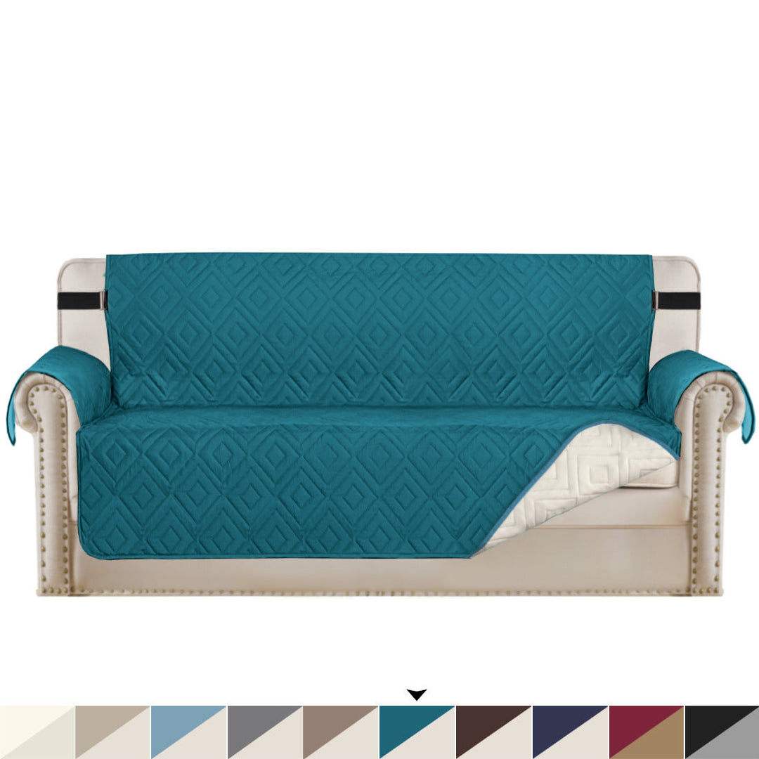 "Water-repellent non-slip reversible sofa cover protecting couch from spills and stains with pet sitting on it"