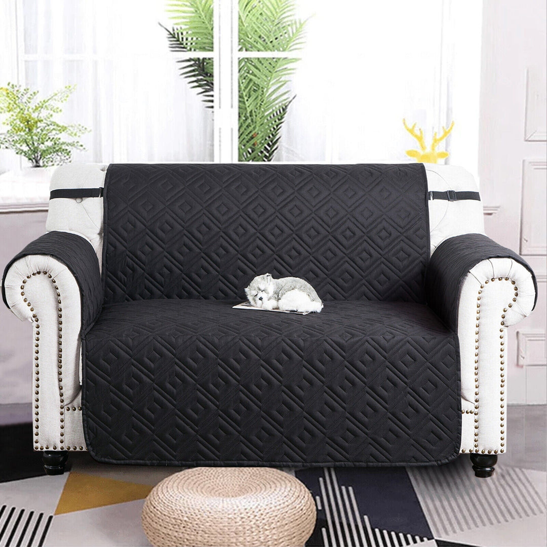 "Water-repellent non-slip reversible sofa cover protecting couch from spills and stains with pet sitting on it"