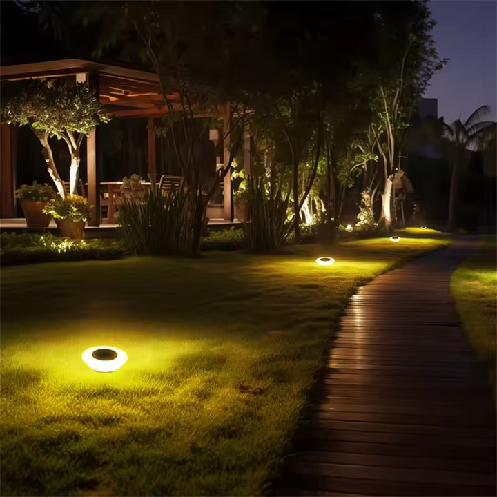 Weatherproof solar outdoor garden light, rust-proof ABS, warm white glow, IP65-rated, eco-friendly and durable design.