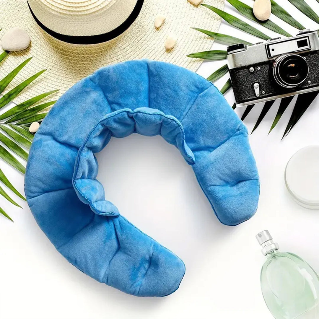 "Weighted Neck & Shoulder Wrap in beige, showing ergonomic design with even distribution for stress relief and relaxation."