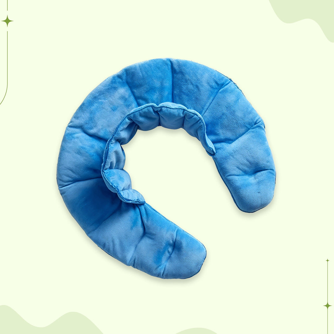 "Weighted Neck & Shoulder Wrap in beige, showing ergonomic design with even distribution for stress relief and relaxation."