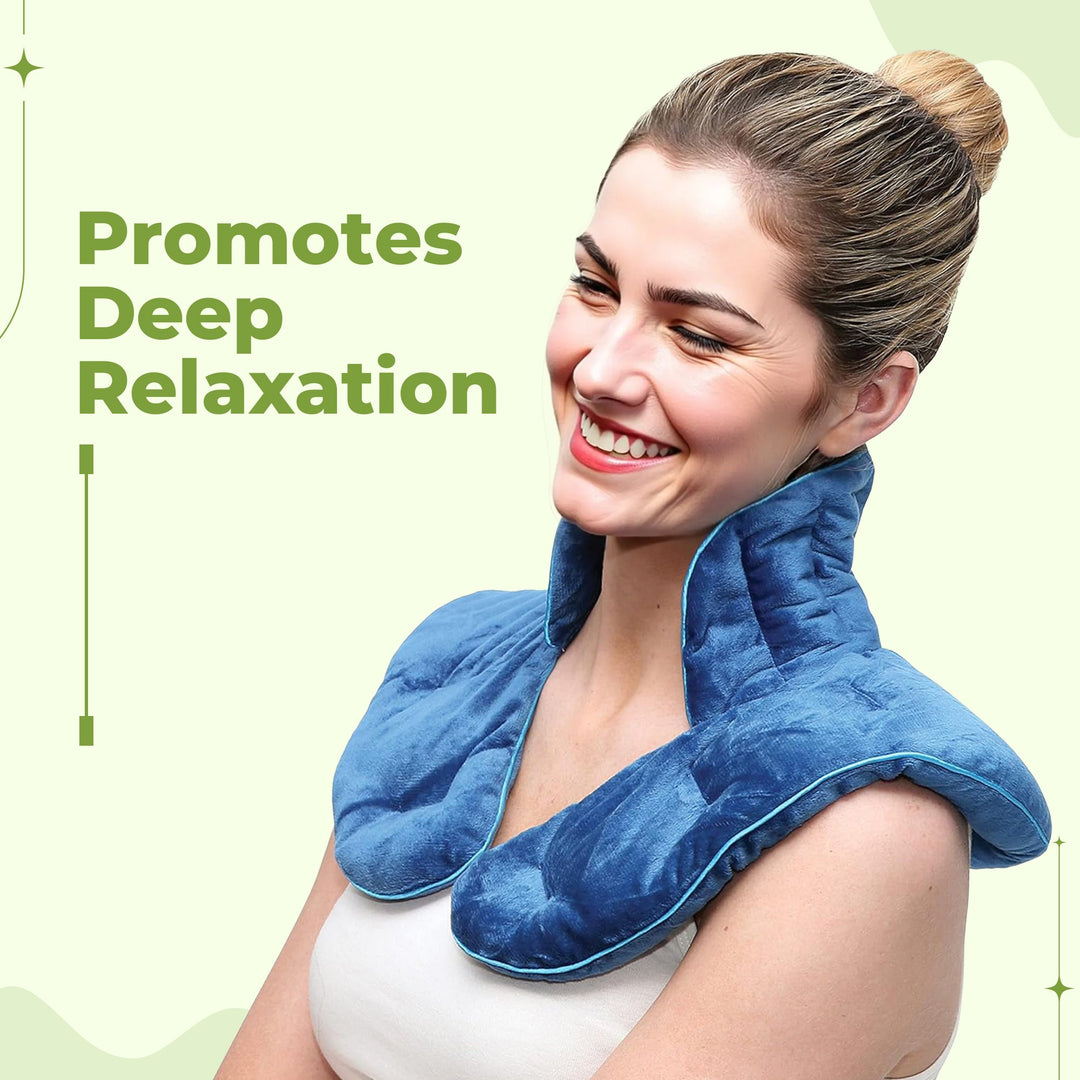 "Weighted Neck & Shoulder Wrap in beige, showing ergonomic design with even distribution for stress relief and relaxation."
