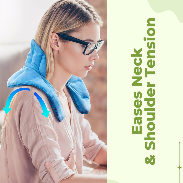 "Weighted Neck & Shoulder Wrap in beige, showing ergonomic design with even distribution for stress relief and relaxation."