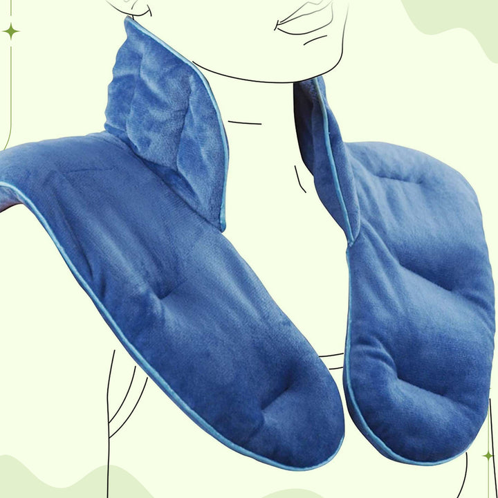 "Weighted Neck & Shoulder Wrap in beige, showing ergonomic design with even distribution for stress relief and relaxation."