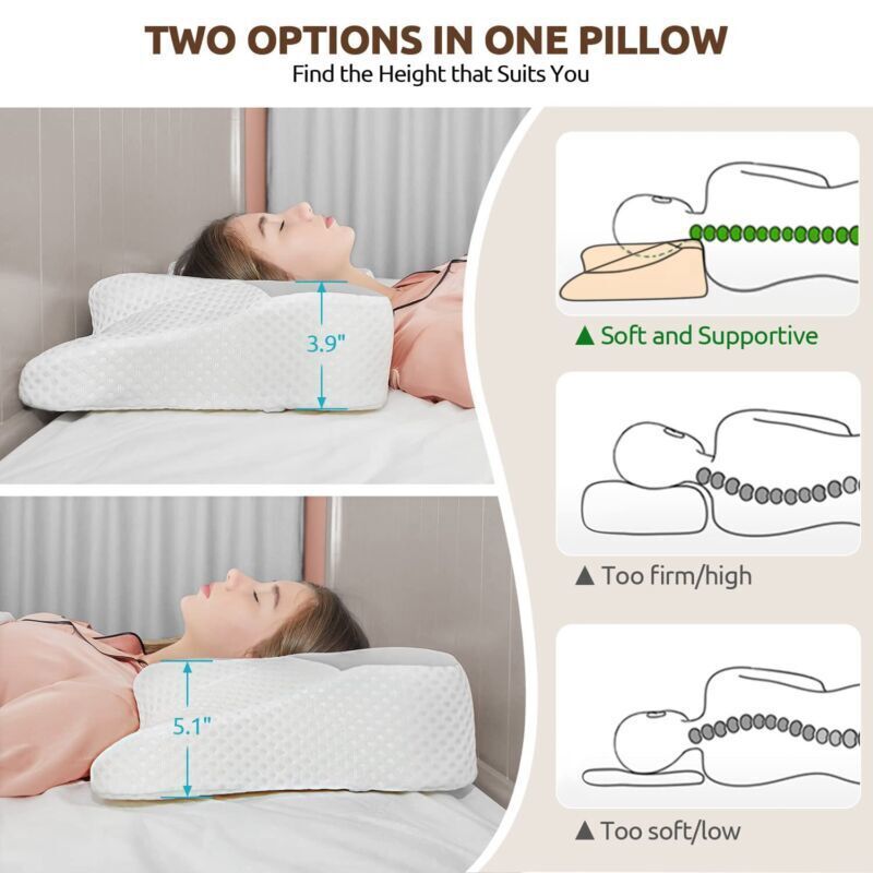 "White memory foam neck & shoulder relief pillow with ergonomic design, promoting comfort and pain relief for all sleepers."
