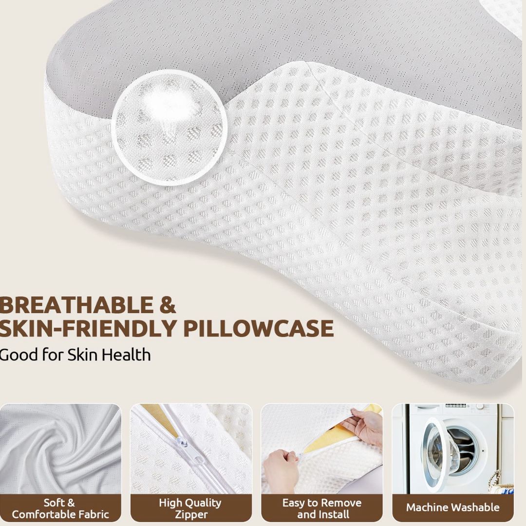 "White memory foam neck & shoulder relief pillow with ergonomic design, promoting comfort and pain relief for all sleepers."