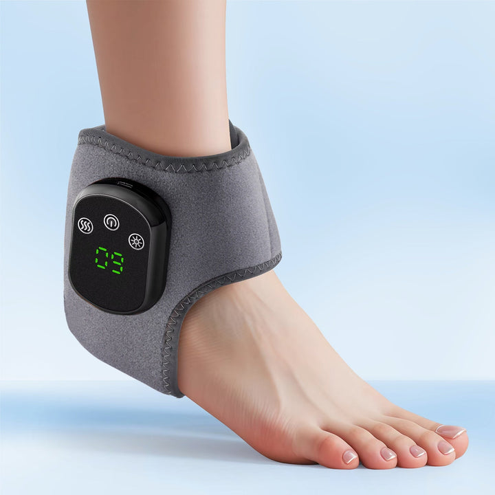 "Wireless electric foot and ankle wrap with heat, compression, and vibration for pain relief, shown in grey."