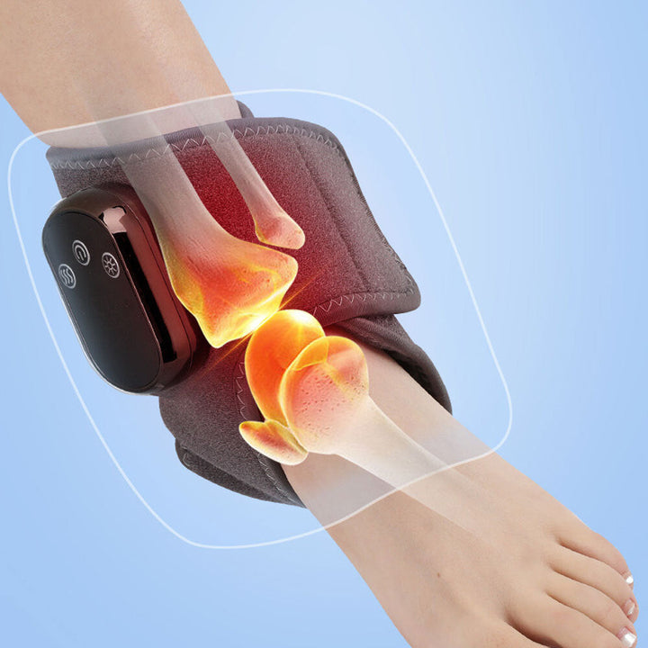 "Wireless electric foot and ankle wrap with heat, compression, and vibration for pain relief, shown in grey."