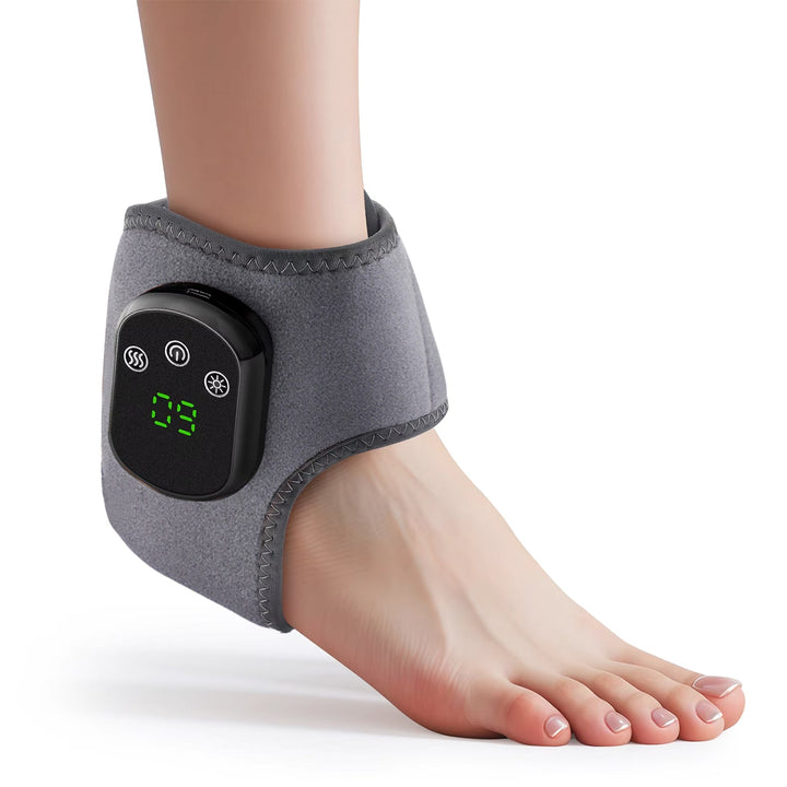 "Wireless electric foot and ankle wrap with heat, compression, and vibration for pain relief, shown in grey."