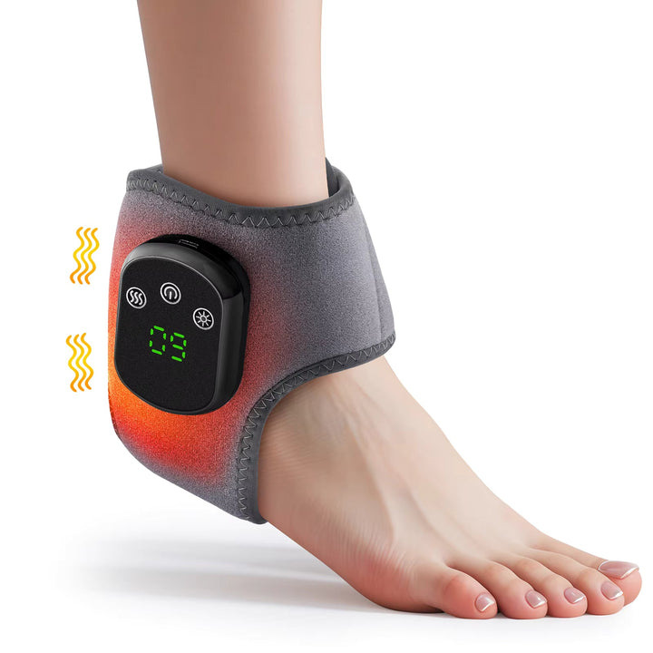"Wireless electric foot and ankle wrap with heat, compression, and vibration for pain relief, shown in grey."