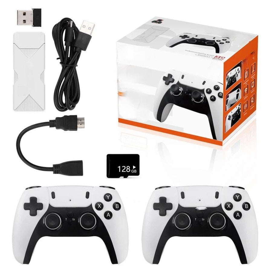 "Wireless retro gaming console with 4K HDMI, featuring compact design and joystick for 40,000+ classic games."
