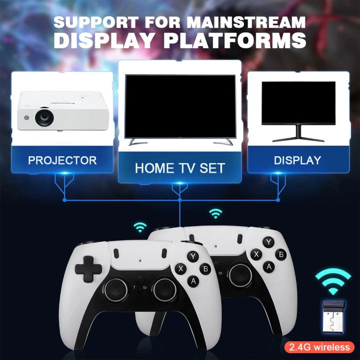 "Wireless retro gaming console with 4K HDMI, featuring compact design and joystick for 40,000+ classic games."