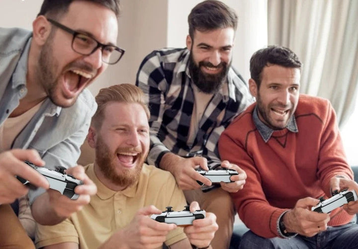 "Wireless retro gaming console with 4K HDMI, featuring compact design and joystick for 40,000+ classic games."