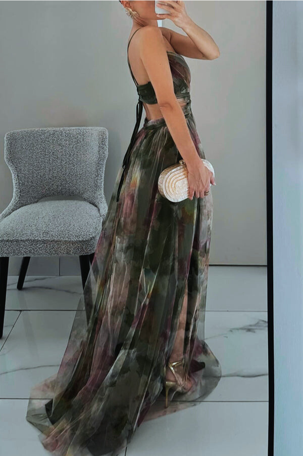 "Women's Dreamy Chic Maxi Dress, green and orange flowing layers, elegant silhouette, perfect for formal occasions and events