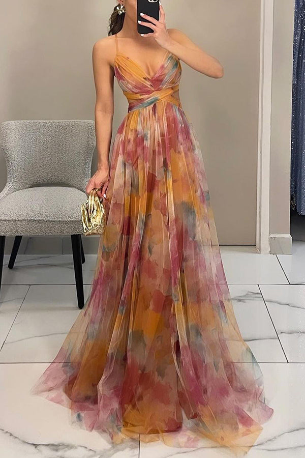 "Women's Dreamy Chic Maxi Dress, green and orange flowing layers, elegant silhouette, perfect for formal occasions and events