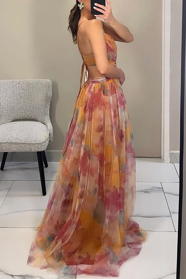 "Women's Dreamy Chic Maxi Dress, green and orange flowing layers, elegant silhouette, perfect for formal occasions and events