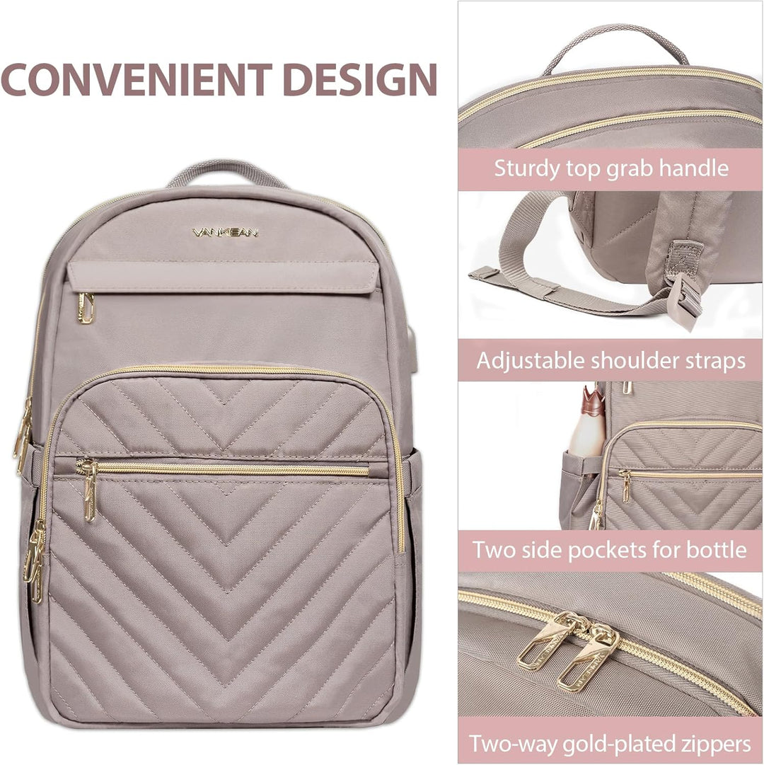 Women's Waterproof Tech Backpack in Black with USB port, sleek design, padded laptop compartment, water-repellent exterior.