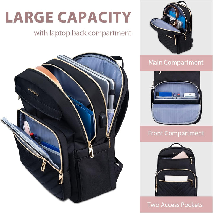 Women's Waterproof Tech Backpack in Black with USB port, sleek design, padded laptop compartment, water-repellent exterior.
