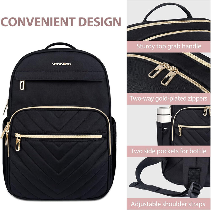 Women's Waterproof Tech Backpack in Black with USB port, sleek design, padded laptop compartment, water-repellent exterior.