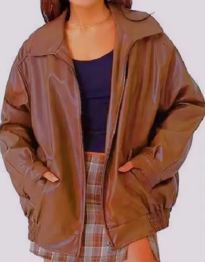 Women's classic PU leather jacket, versatile design, sleek fit, bitter chocolate color, ideal for casual stylish wear.