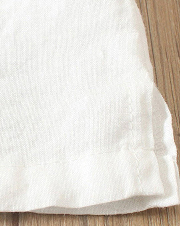 Women's cotton-linen crew neck T-shirt, front view, lightweight, breathable fabric, classic design, subtle button detailing.