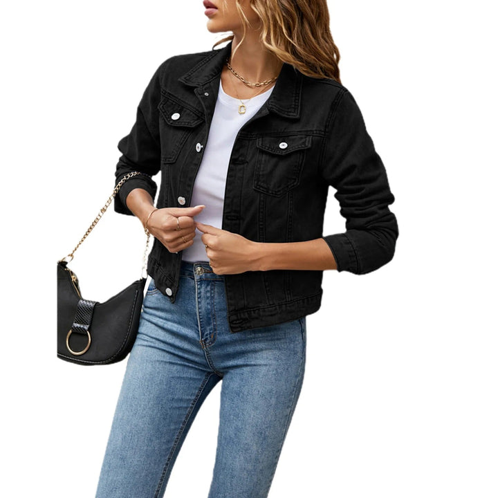 "Women's denim jacket with button front, practical pockets, flattering cut, styled for versatile casual or chic looks."