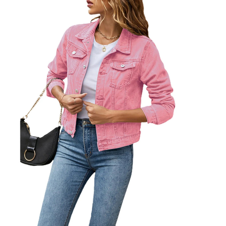 "Women's denim jacket with button front, practical pockets, flattering cut, styled for versatile casual or chic looks."