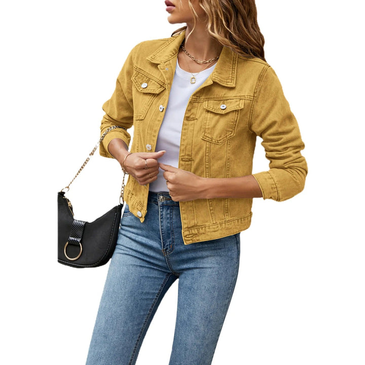 "Women's denim jacket with button front, practical pockets, flattering cut, styled for versatile casual or chic looks."