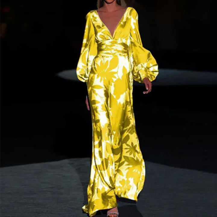 "Women's elegant V-neck midi dress, side view, in vibrant colors; perfect for celebrations, accentuating femininity."