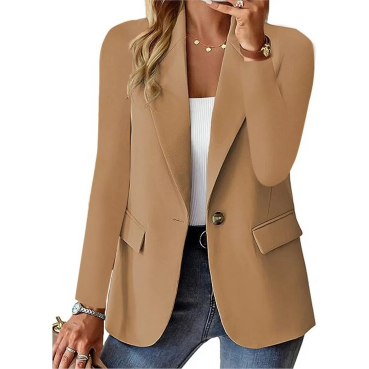 Women's elegant long sleeve blazer, front view, featuring sleek narrow lapels, structured shoulders, and a refined fit.