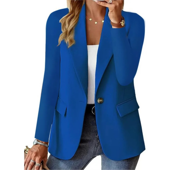 Women's elegant long sleeve blazer, front view, featuring sleek narrow lapels, structured shoulders, and a refined fit.