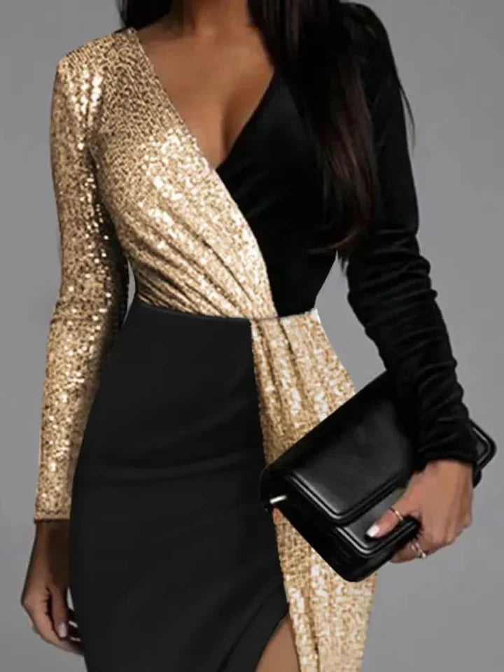 Women's gold glitter party dress, knee-length, shimmering in light; perfect for elegant celebrations.
