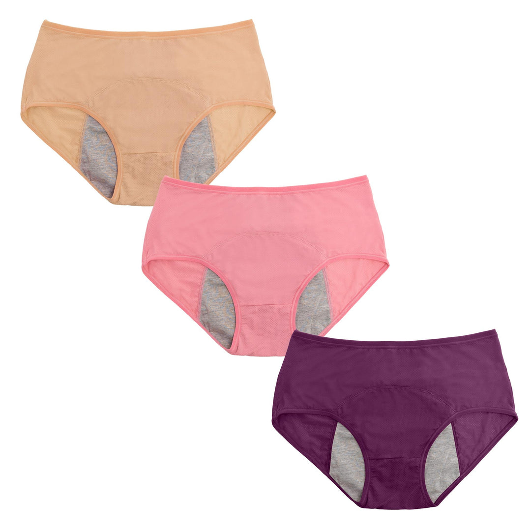"Women's leakproof panties 3-pack with moisture-wicking, odor-reducing fabric and elastic waistband for comfort and protectio