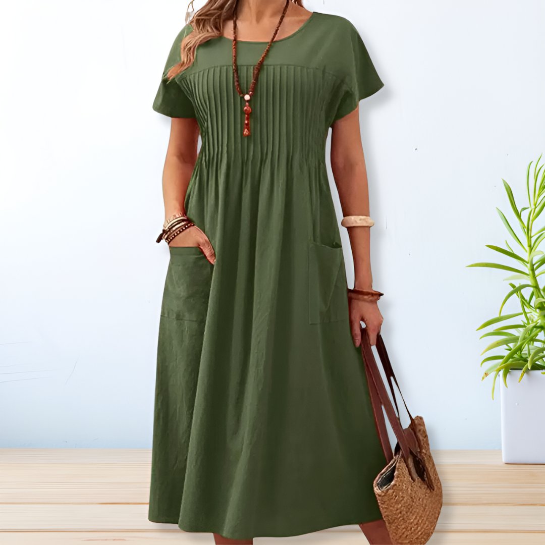 "Women's linen cotton summer dress, relaxed fit with pockets, short sleeves, mid-length, beige color, breathable fabric."