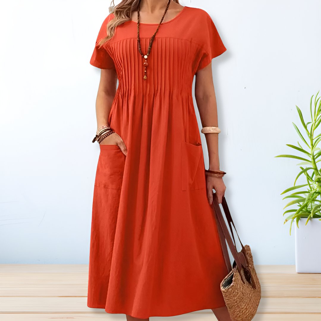 "Women's linen cotton summer dress, relaxed fit with pockets, short sleeves, mid-length, beige color, breathable fabric."
