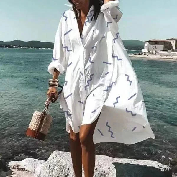 Women's long sleeve beach cover-up highlights lightweight fabric, button-down front, and stylish patterns for sun protection.
