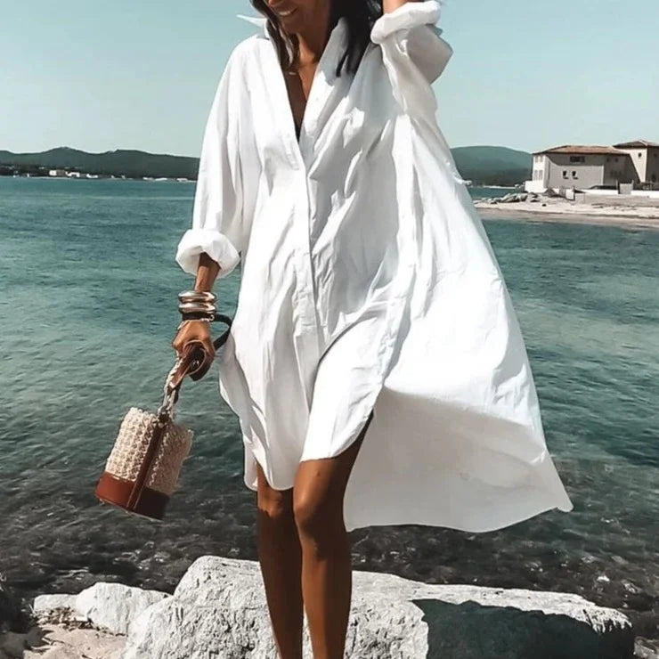 Women's long sleeve beach cover-up highlights lightweight fabric, button-down front, and stylish patterns for sun protection.