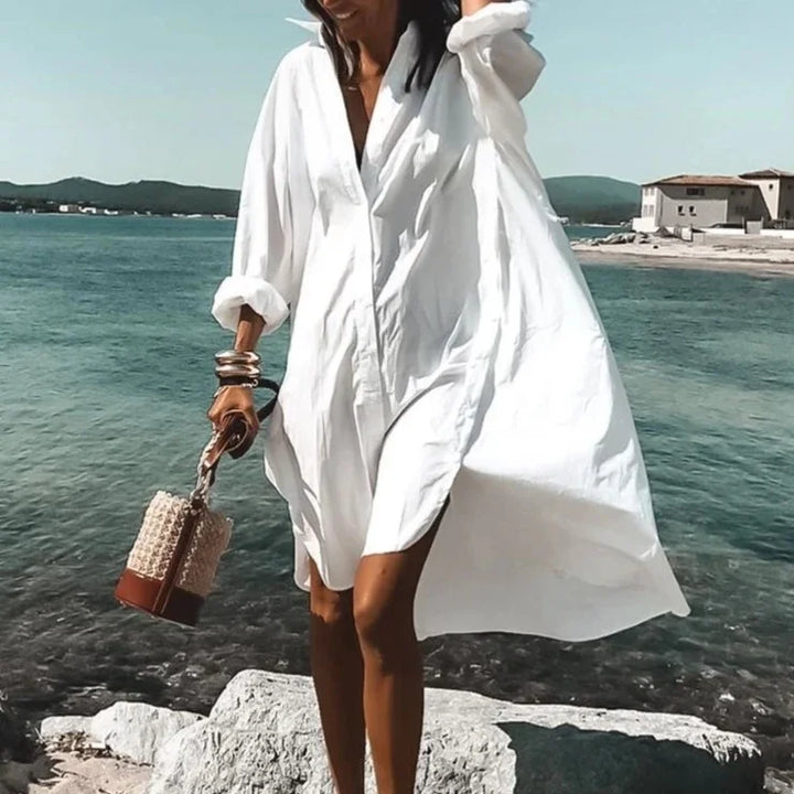 Women's long sleeve beach cover-up highlights lightweight fabric, button-down front, and stylish patterns for sun protection.