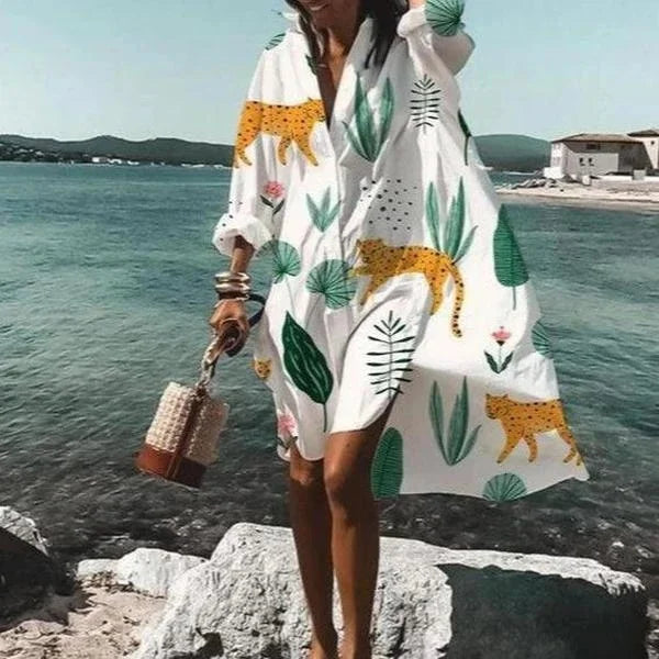Women's long sleeve beach cover-up highlights lightweight fabric, button-down front, and stylish patterns for sun protection.