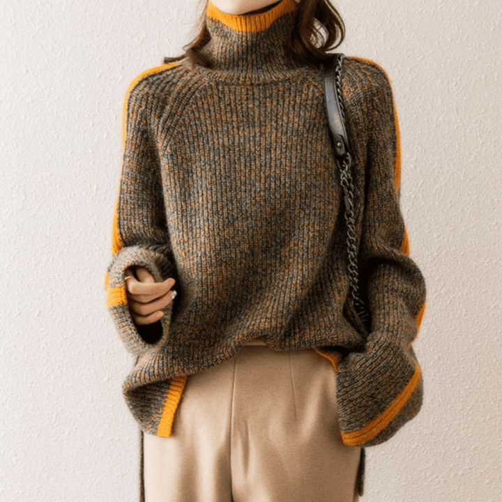 "Women's melange knit turtleneck jumper, relaxed fit, cozy and stylish, ideal for casual wear, elegant melange pattern."