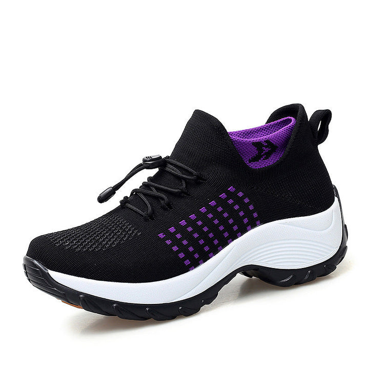 "Women's orthopaedic comfort shoes with contoured footbed, mesh upper in black and purple, providing advanced support."
