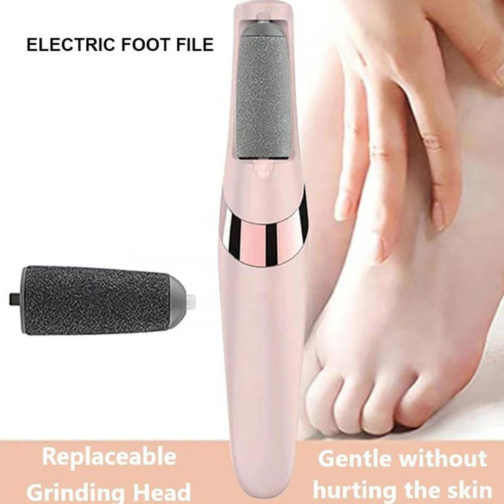 "Women's pink electric foot file with high-speed motor, designed for removing calluses and smoothing feet effectively."