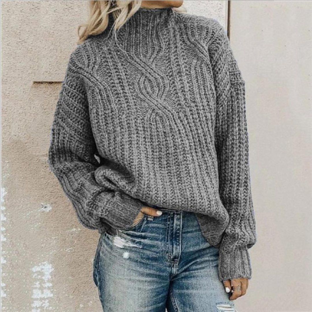 "Women's premium knit sweater, gray, soft fabric, elegant design, offers ultimate warmth, versatile for layering."
