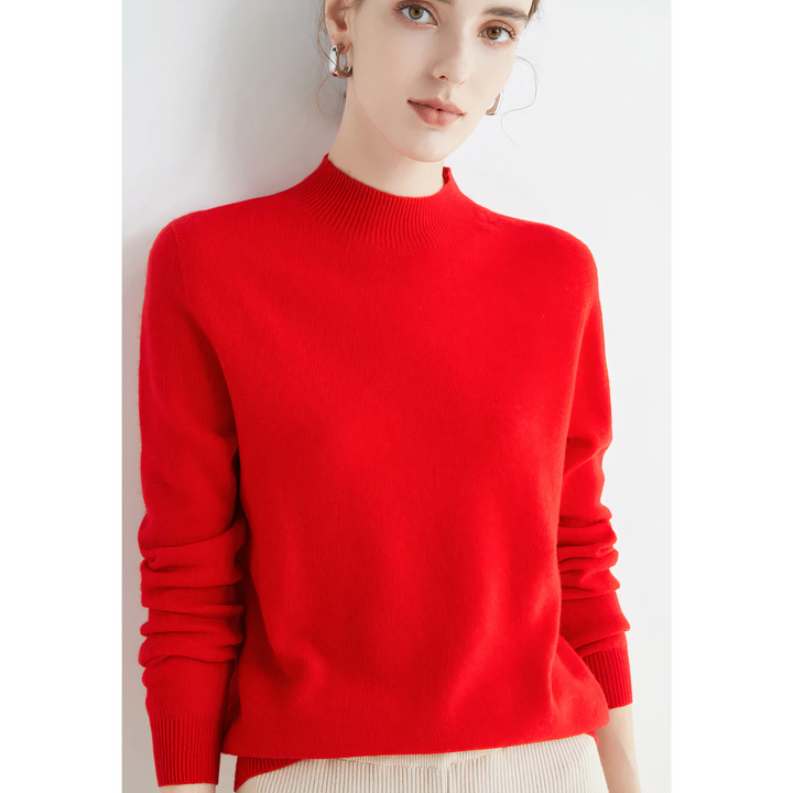 "Women's red cashmere sweater Evelina, luxurious knitwear with elegant design and unmatched softness, ideal for all seasons."