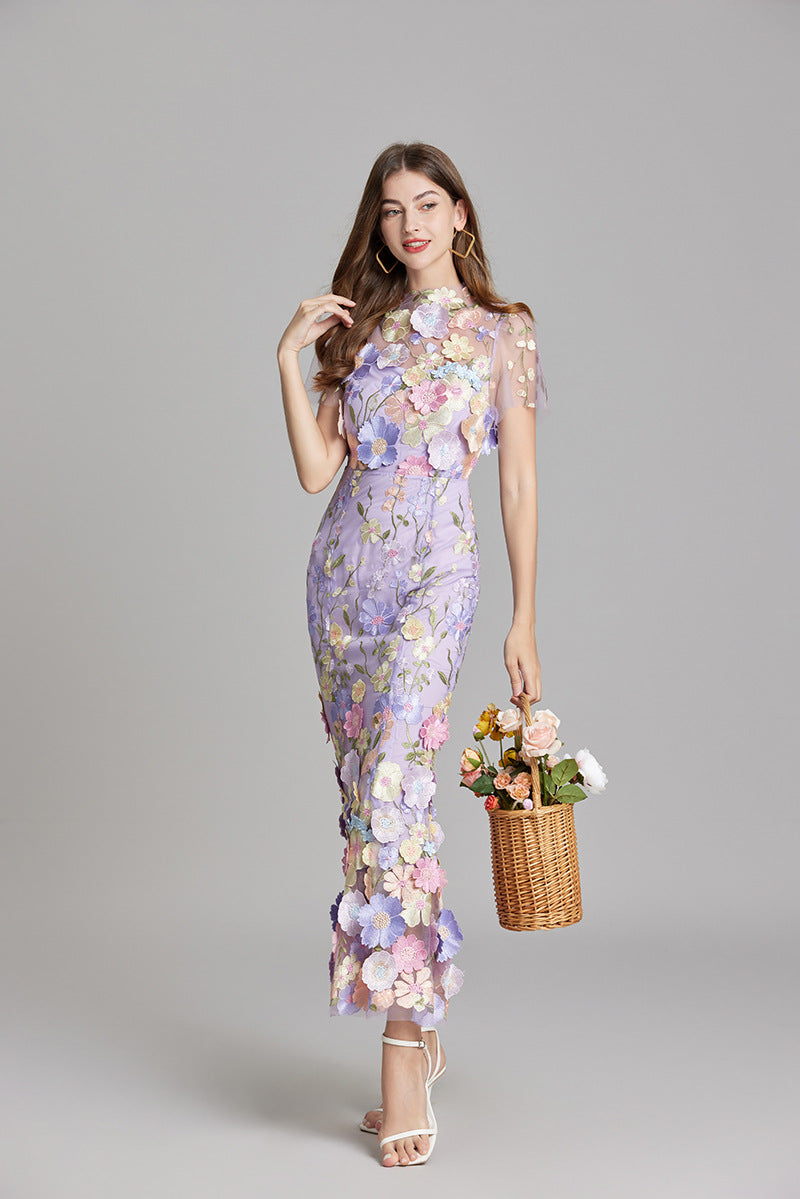 "Women's sheer embroidered maxi dress, elegant and flowing, in various colors; lightweight fabric for special occasions."