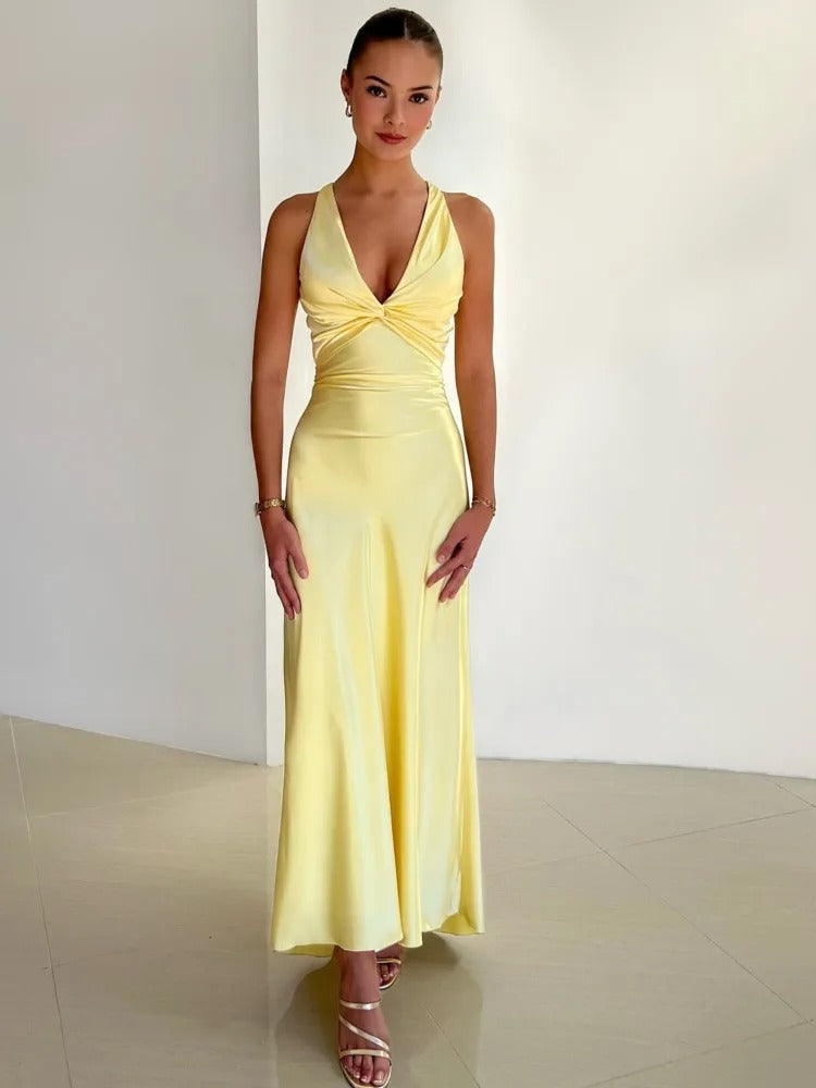 Women's sleeveless party maxi dress, flowing and elegant, available in purple, red, rose red, and yellow for special occasion
